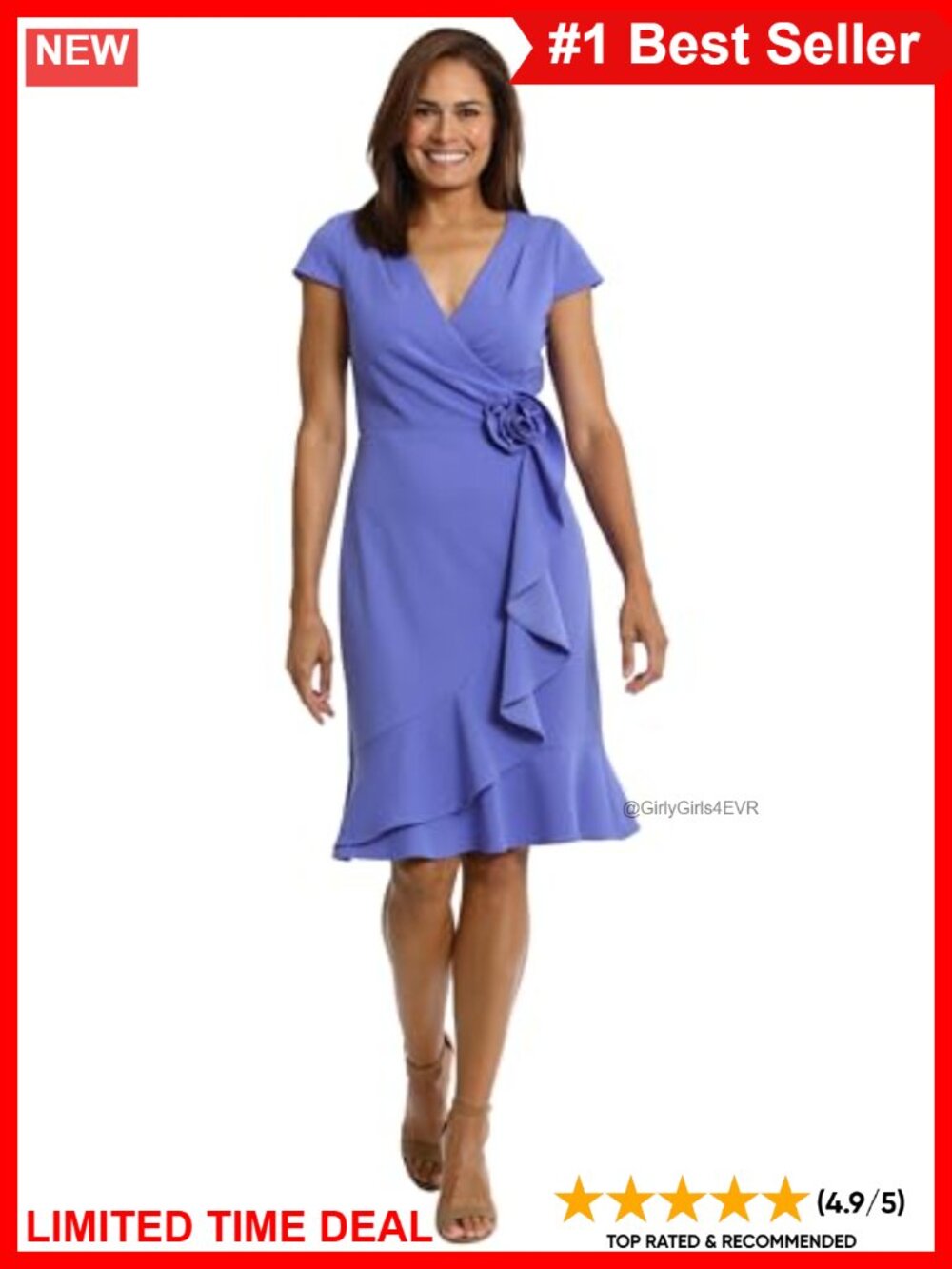 Surplice V-Neck Faux Wrap Ruffle Knee-Length Dress Cap Sleeve Office Event